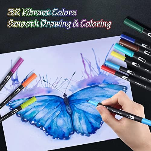 Peablce Art Markers Brush Pen Markers for Adult Coloring 32 Colored Pens | Fine Point Highlighter Pen & Brush Markres for Journaling Note Taking Planner