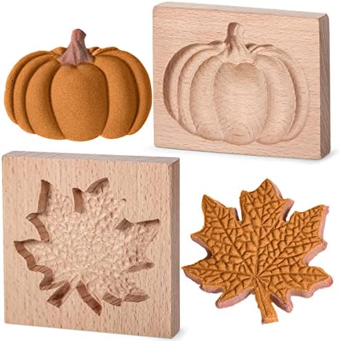 Meanplan Carved Wooden Cookie Mold, Baking Embossing Cookies Stamp Mold Cutter Funny 3D Heart Wood Rose Dessert Tools for Christmas Kitchen DIY Baking Tools(Maple Leaf, Pumpkin)
