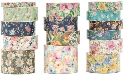Floral Washi Tape Set - 15 Rolls Flowers Arts Adhesive Tapes Garden Blooms Decorative Masking Tape Sets for Craft, Kids, Scrapbook, DIY, Gift Wrloapping (1-Spring Meadow)