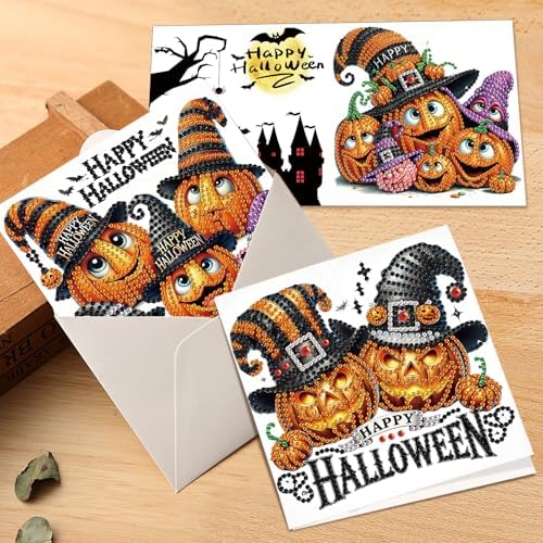 antor 6 Pack Halloween Pumpkin Diamond Painting Card Kits, DIY 5D Rhinestone Halloween Diamond Art Greeting Cards with Envelopes, Handmade Pumpkin Diamond Art Craft Kits for Adults Beginners