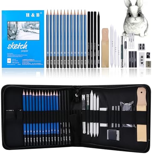 H & B 33 Pieces Drawing Pencils Set, Sketching Pencils Set & Drawing Kit, Includes Sketch Pad, Graphite Pencils, Charcoal Sticks and Eraser, Supplies for Artists/Beginner/Adults