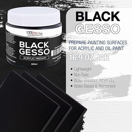 U.S. Art Supply Black Gesso Primer - 16.9oz (500ml) for Oil & Acrylic Paint | Superior Coverage, Canvas Prep, Mixable White Gesso Paint Artists