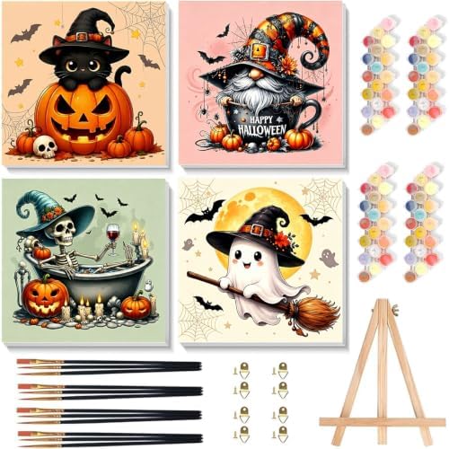 4 Pack Halloween Paint by Numbers Kit for Kids with Frame Easy 8x8 inch