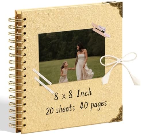 8x8 Scrapbook Album, Handmade Lokta Paper Cover, 40 Pages 250gsm Acid-Free Kraft Paper, DIY Memory Photo Album with Metal Corners & Inner Pocket for Wedding, Anniversary, Baby, Family