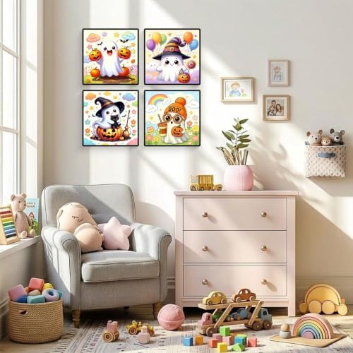 4 Pack Halloween Ghost Paint by Numbers Kit for Kids with Frame 8x8 inch