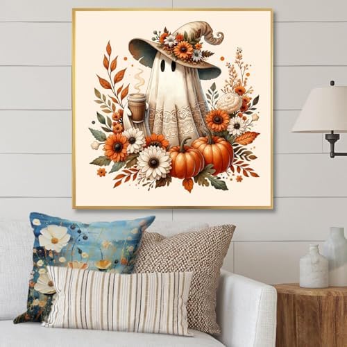 RYMILIE Halloween Diamond Art Kits for Adults Fall Pumpkins 12x12inch | 5D Coffee Ghost Diamond Painting Kit for Beginners, DIY Full Round Drill Gem Art Crafts for Home Wall Decor Gift
