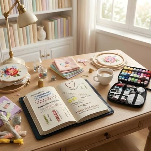 Bluriq 2026New Portable Embroidery Stitch Book Kit,Embroidery Sampler Practice Book DIY Embroidery for Beginners with Instructions Gift for All-Scenario Stitch Guide for Adults & Craft Lovers (1 Set)