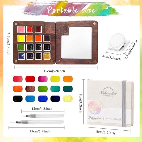 Travel Watercolor Paint Set - Pocket 15-Color Mini Kit with Sketch Pad
