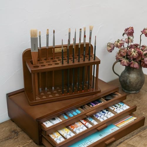MEEDEN PRO Paint Brush Holder: 38 Holes Wooden Paint Brush Organizer