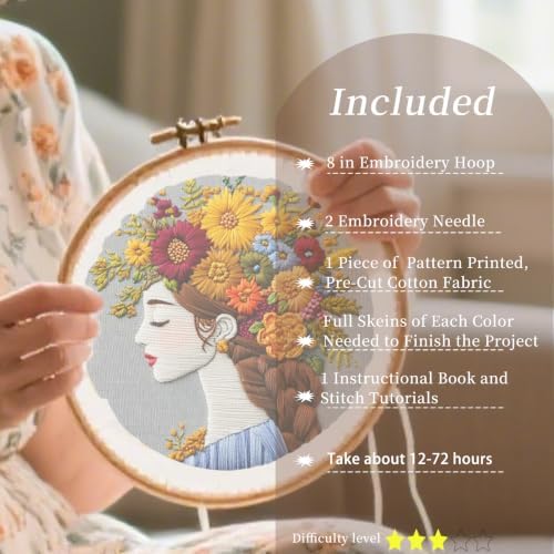 FONNUY Floral Women Embroidery Kit for Beginners, Colorful Long Hair Girl Pre-Stamped Pattern Kits for Adults with Hoop, Thread Needlework, 8'' Hoop (Brown)