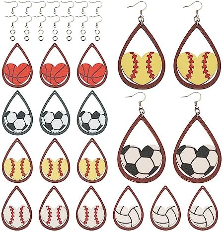 20pcs Sport Ball Earring Making Kits Football Basketball Rugby Wooden Charms 5 Styles Sport Ball Earring Pendants with Ear Hooks Jump Rings for DIY Jewelry Hanging Ornament Making