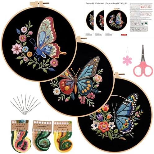 Konrisa Flower Butterfly Embroidery Kits for Adults, Stamped Embroidery Starter Kit with Hoop,DIY Sewing Needlepoint Cross Stitch Kit, Set of 3