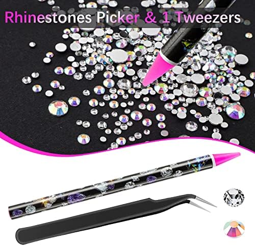 Canvalite Rhinestones 2784PCS in 6 Sizes Flat Back Gems, Crystal AB Art Gems with 5Pcs Jewelry Glue, Pick Up Tweezers and Picker Dotting Pen for Nails, Makeup, Stocking Stuffers Gifts for Women