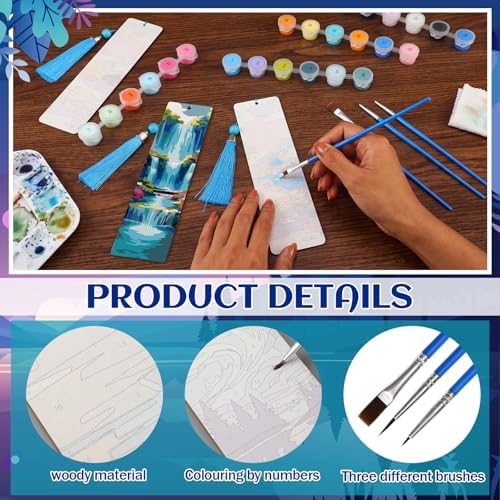 Kosiz 12 Pcs Night Landscape Paint by Number Kit for Adult Wood Bookmark | Mini Paint by Numbers Kit, Painting Decor, Tiny Mountain Tassels Blank Bookmarks, for Small DIY Craft Book Lovers Gift 7x2 ''
