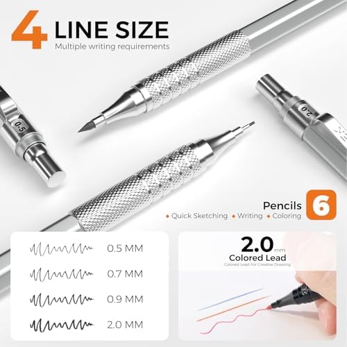 STAGEEK 35PCS Mechanical Pencil Set, 0.5 0.7 0.9 2.0mm Art Pencils, Silver
