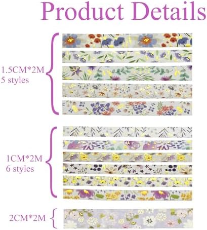 Washi Tape Set, Floral Washi Stickers, 12 Rolls Assorted Sizes, for Junk Journal Scrapbook Tape, Bullet Journaling Scrapbooking Supplies, Planner Sticker DIY Craft DéCor (Purple)