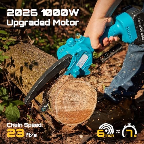 SEESII 6 Inch Mini Electric Chainsaw Cordless Battery Powered | 2026 Upgraded Hand Held Saw with 2x2000mAh Batteries for Wood/Tree Trimming, Chain Saw Gift for Men Husband Father Gardener