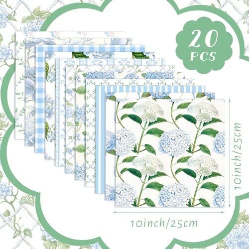 HunnmingRe 20 Pcs 10''x10'' Blue Hydrangea Quilting Fabric Square
