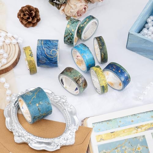 Gold Vintage Washi Tape, 10 Rolls Aesthetic Decorative Foil Masking Tape Set with Gift Box, Decorative Tape for Bullet Journal, DIY Craft, Scrapbook Supplies