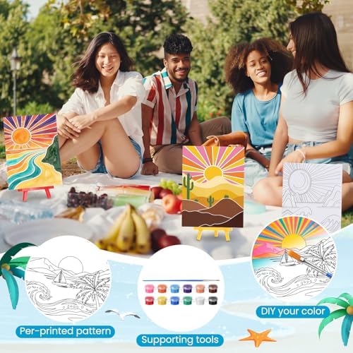 Blosssound 10 Set Pre Printed Sunrise Canvas Pre Drawn Canvas Painting with Easel Kits 5" x 7" Outline Painting Panels for Beginners, DIY Craft Project, Party Favor, Home Decors