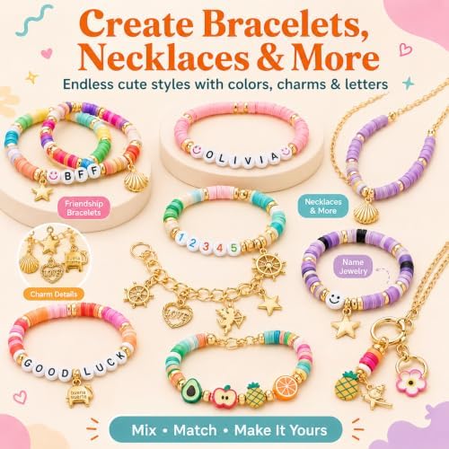 7500+Clay Beads Bracelet Making Kit for Girls- 24 Colors Heishi Beads with No Missing Letter Beads&Charms for DIY Friendship Bracelets and Jewelry Making kit,Arts and Crafts Gift for Teen Girls 6-12