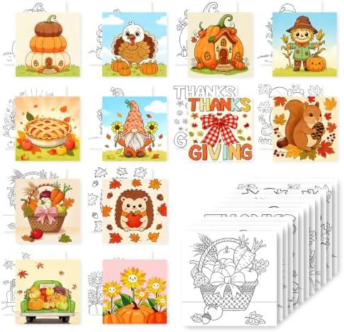 Fall 12 Packs Pre Drawn Canvas to Paint, Thanksgiving Pre Printed Canvas for Painting, Pre Stretched Canvas Outline Painting Boards for Beginners, Students, Party Favors(4 * 4in)