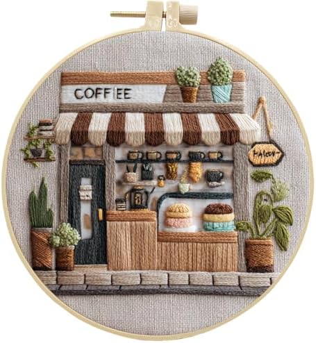 FONNUY Coffee Shop Embroidery Kit, Vintage Cafe Pre-Stamped Pattern Kits Handmade DIY Embroidery Set Suitable for Both Adults and Beginners Color Thread Needlework, 8'' Hoop (Brown)