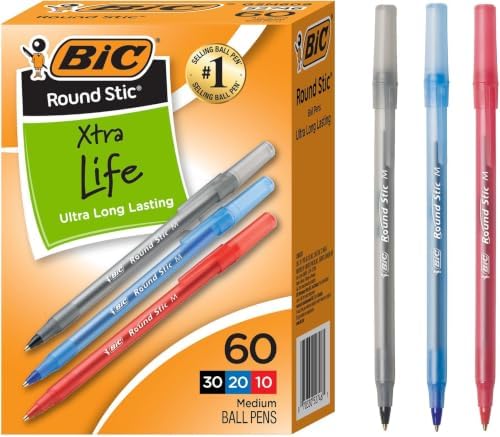 BIC Round Stic Xtra Life Assorted Ink Ballpoint Pen's, Medium Point (1.0mm), 60-Count of Bulk Pens, Flexible Round Barrel for Comfortable Writing, No. 1 Selling Ballpoint Pens (Pack of 9)