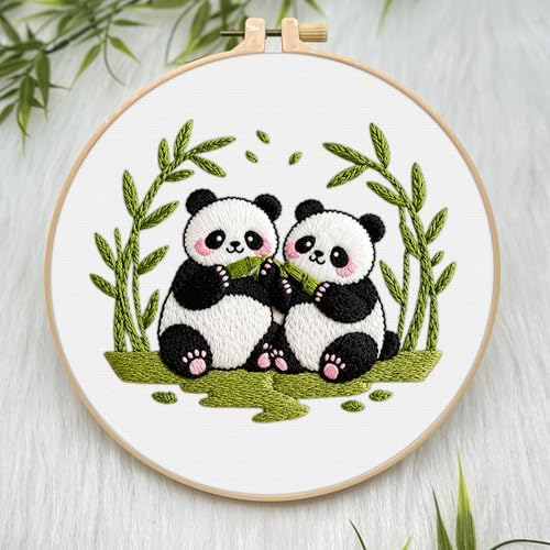ERKOON Embroidery Kit for Beginners Adult, Cross Stitch Set Include Embroidery Cloth Hoop Threads for Craft Lover Hand Stitch with Embroidery Skill Techniques (Panda)