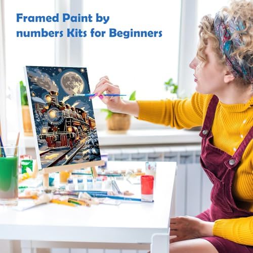 MOGTAA Christmas Paint by Numbers Kit for Adults Beginners with Frame, Christmas Train Adult Paint by Number Kits on Canvas with Easel, Easy DIY Winter Oil Painting Kits for Home Decor, 8x12in