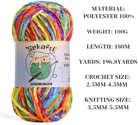 3 Pack of 300g (590yds) Fuzzy Chenille Yarn for Crocheting,Fluffy Amigurumi Crochet Yarn for DIY Craft/Hat/Clothes, Soft Velvet Baby Blanket Yarn（3 Rainbow）
