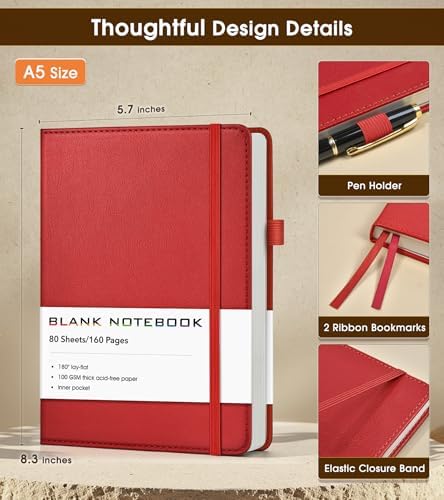 Journal Notebook, A5 Leather Hardcover Blank Sketchbook, 160 Pages, 180° Lay-Flat Binding, 100 GSM Thick Paper, for Sketching, Drawing, Art Journaling & Creative Writing, Red