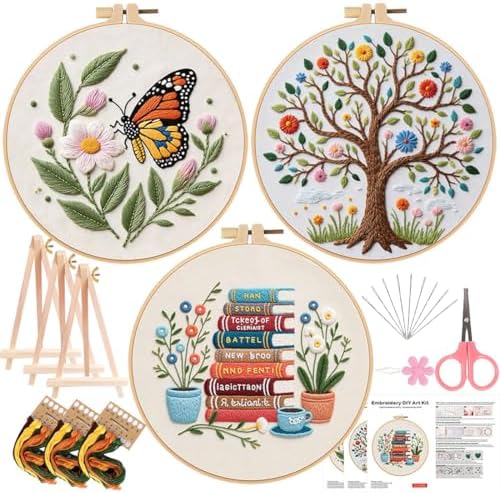 Qupace 3 Pcs Tree Embroidery Kits for Beginners Adults - Cross Stitch Sewing Craft Set with 3 Embroidery Hoops & 3 Finished Stands,Book Needlework Kit
