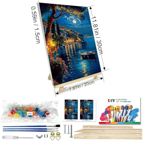 JOOZ Paint by Numbers Kit for Adults with Frame, Moon Paint by Number with Easel, DIY Town Lake Boat Paint by Numbers Landscape for Home Wall Decor 8 x 12 Inch