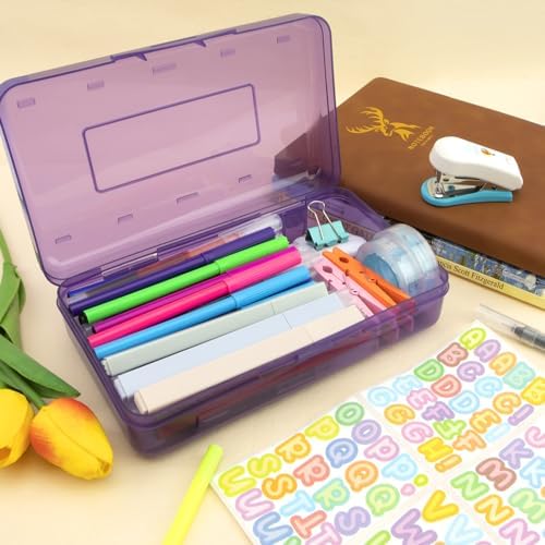Purple Hard Pencil Case Plastic Clear Pencil Box Crayon Box Organizer 1 Pack Office Supplies Storage Container Organizer Boxes for Pens Crayon School Stylish Art Office Supplies Storage Medium