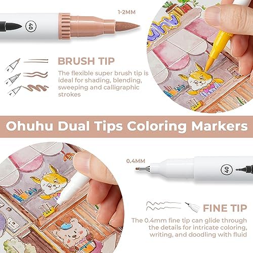 Ohuhu Adult Coloring Book Markers 120 Color Dual Tip Water-Based-Maui-White | No Bleed Coloring Markers Fineliner & Brush Drawing Pens Art Pens for Kids Adults Sketch Journal
