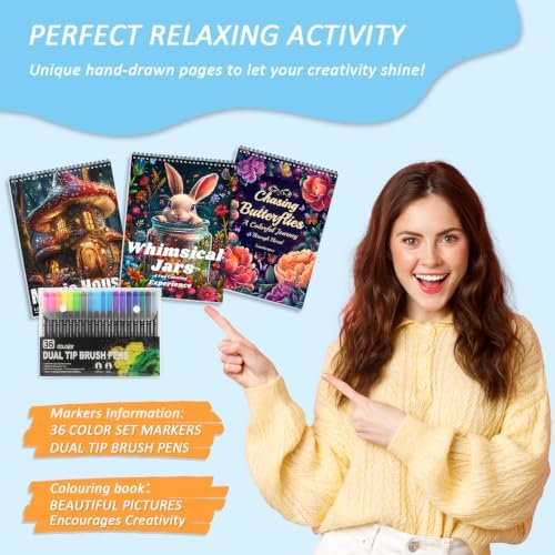 3Pcs Adult Coloring Book for Women Relaxation with 36 Markers, Spiral Bound