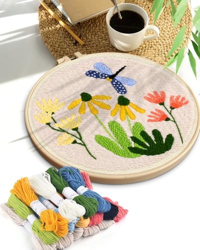 TINDTOP Punch Needle Kits, DIY Punch Embroidery Kits for Adults Beginner, Tool with Punch Needle Fabric, Hoops, Yarns and Sewing Needles (Set B)