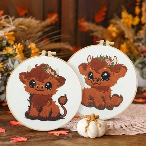 Kuabiz 5 Sets Highland Cow Embroidery Kits for Beginners Cross Stitch Kit for Adults Highland Cow Pattern Embroidery Starter Kit Embroiderys Hoop Needlepoint Kits with Instruction Needles Threads