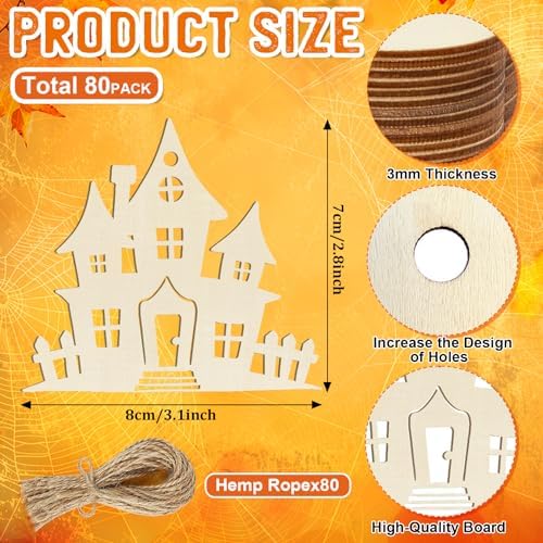 80PCS Wooden Halloween Ornaments to Paint Fall Decorations,10 Styles DIY Blank Autumn Unfinished Wood Skull Pumpkin Ghost Bat Boo Trick or Treat Halloween Cutouts Ornament for Crafts Party Hanging