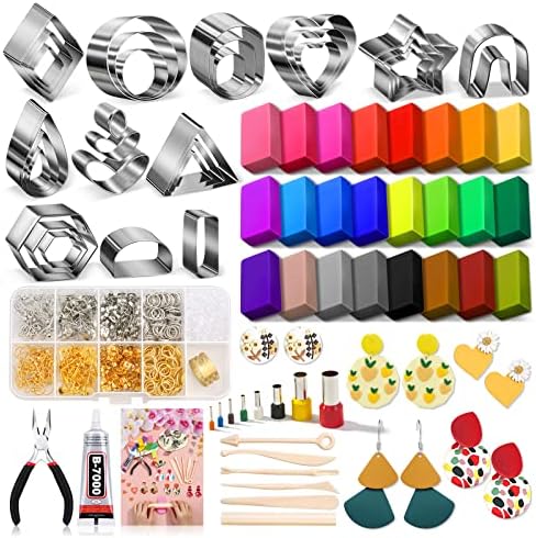 Polymer Clay Earring Making Kit- 30 Clay Earring Cutters, 24 Color Polymer Clay, 8 Circle Cutters, Rollers, B7000 Glue, 640 PCS Earrings Making Tools Accessories for Jewelry DIY (Instructions Include)