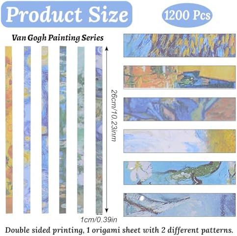 Origami Star Paper Strip, 1200Pcs Double-Sided Printing Lucky Star Paper Strips Van Gogh's Painting Themed Origami for DIY Craft, 12 Patterns