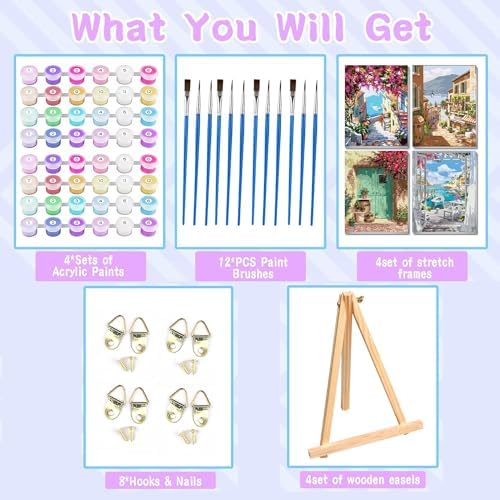 4 Pack Paint by Numbers kit for Adults Beginner Framed with Wooden Easel