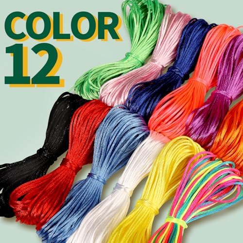 FDNDAMEI 12 Colors Nylon String for Bracelets, Waxed String for Bracelet Making, Satin Nylon Cord for Jewelry Making, Nylon Beading Thread for Craft, String for Bracelet, Necklace, Knit Craft 12 Rolls