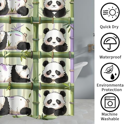 Funny Cartoon Baby Panda 4 Piece Shower Curtain Sets,Abstract Cute Panda Bears Non-Slip Rugs,Toilet Lid Cover and Bath Mat,Spring Forest Japanese Bamboo Print Bathroom Decor Set