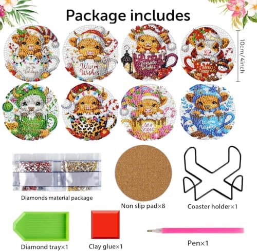 Christmas Cow Diamond Art Coasters Kit, 8 Pieces Diamond Painting Coasters