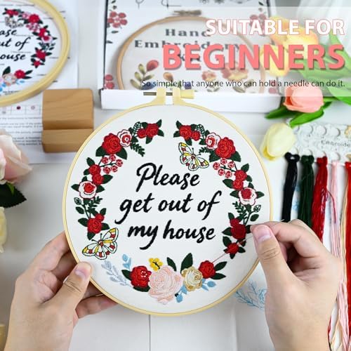 ElasignShopo Embroidery Kit for Beginners Adults – Funny Please Get Out of My House Cross Stitch Kit, Floral Butterfly Pattern Embroidery Starter Set with Hoop, Needles, Threads & Instructions