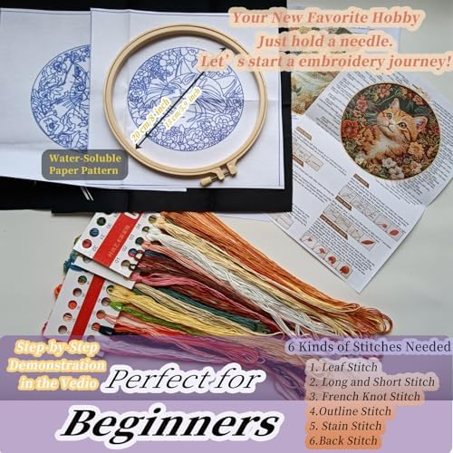 FONNUY 2 Set Embroidery Kit DIY for Adult Beginner, Pre-Stamped Patterns Mountain Sea Embroidery Kits with Hoop, Colored Threads and Needles, Easy to Follow Needlework (Cute Cats)