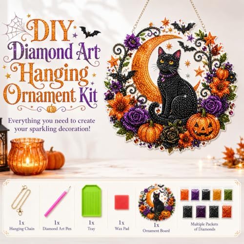 Silkivana Halloween Black Cat Moon Diamond Art Hanging Ornament Kit, Double Sided Faceted Rhinestone Suncatcher, DIY Window Hanging Pendant Decor for Indoor & Outdoor Home Wall Craft