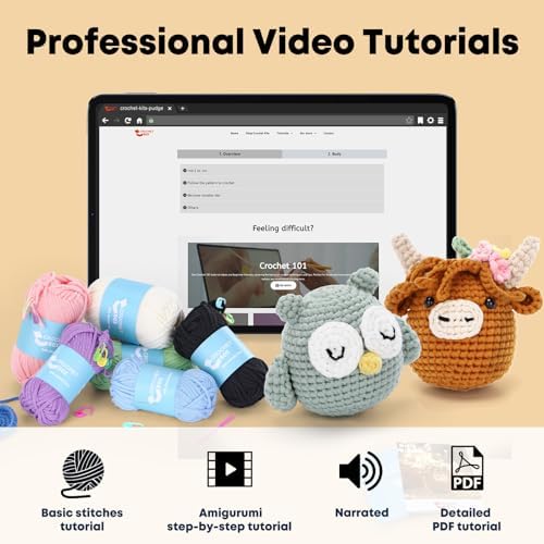 CrochetBox Crochet Kit for Beginner, Highland Cow and Owl Learn How to Crochet Stuffed Animals Gift for Adults and Teen(), Knitting Set with Yarn Hook Stitch-by-Stitch Video Tutorial